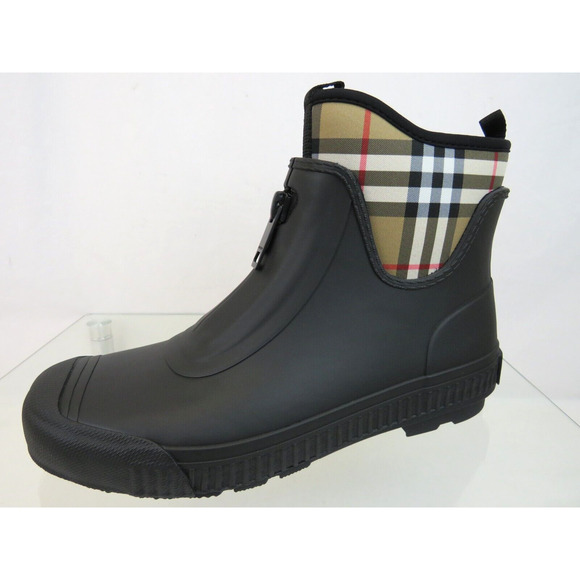 BURBERRY FLINTON BLACK RUBBER BEIGE CHECK SOCK LOGO ANKLE RAIN BOOTS US 11 EU 41 - Picture 9 of 14